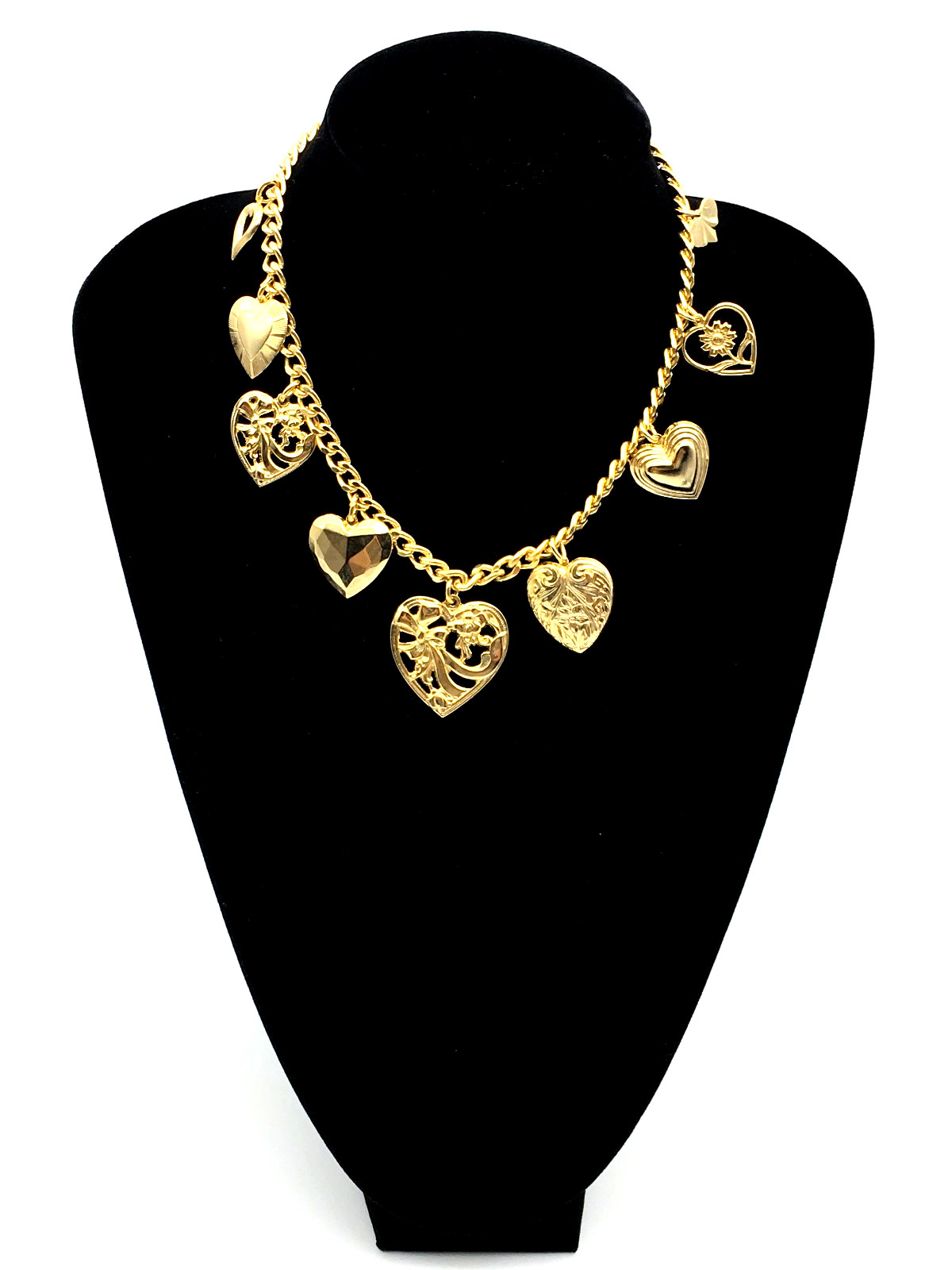 Vintage GoldTone Various Size Heart Charms 16″ Chain Necklace Push Lock Clasp