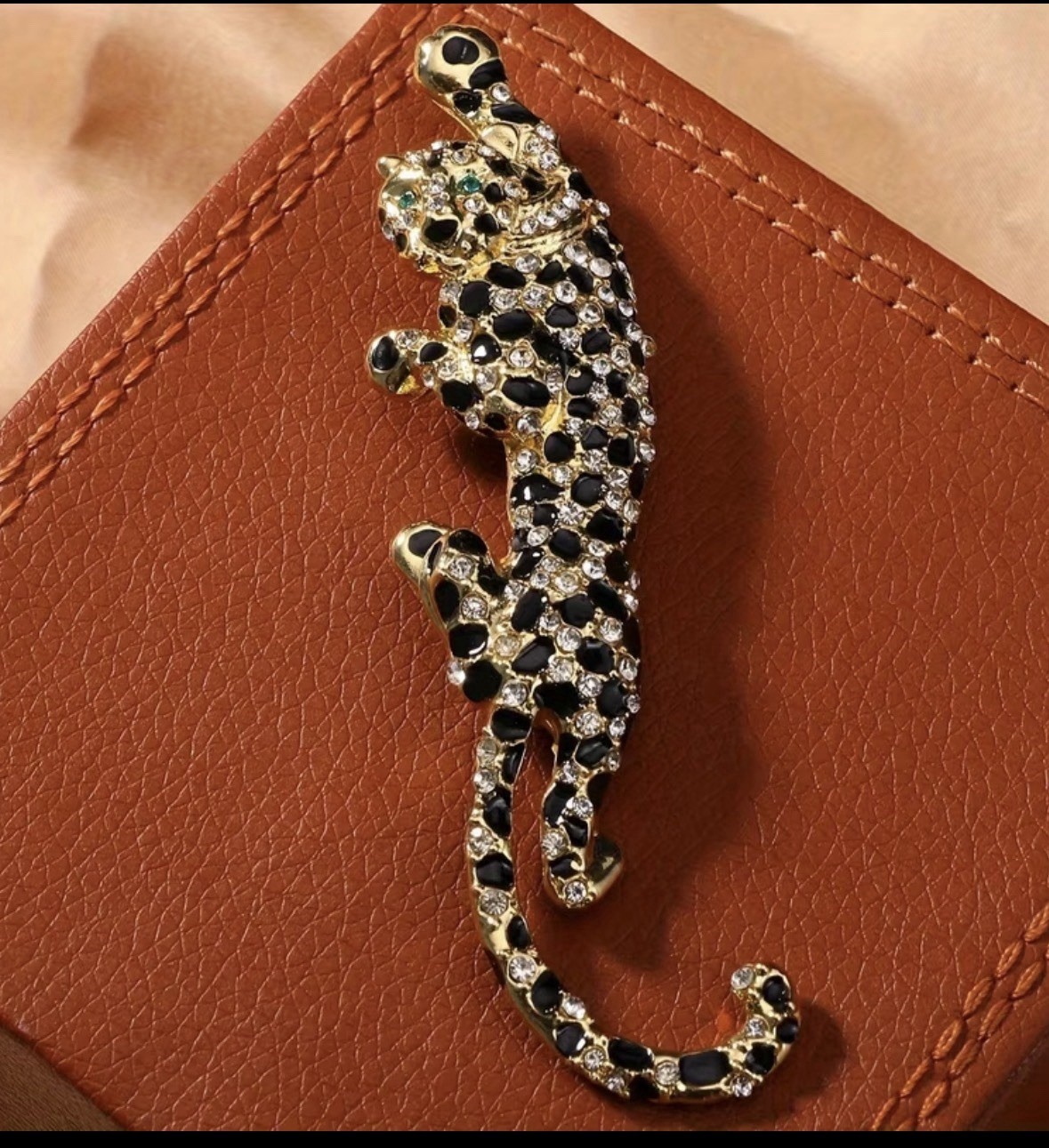 Leopard Panther Brooch Black Rhinestone Gold Tone Animal Statement Pin