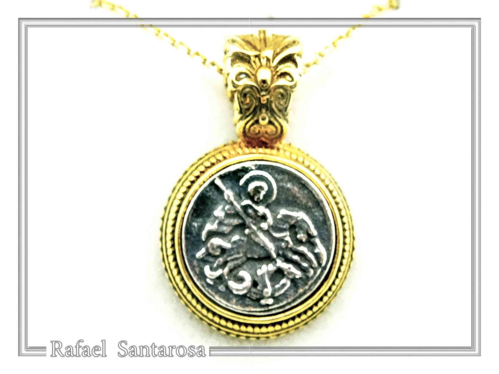 St. George killing Evil talisman charm oxidized silver coin 18ct filligree decor