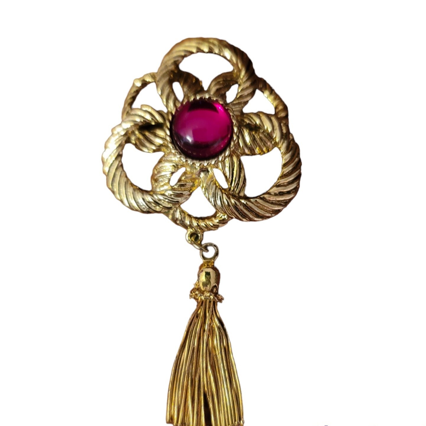 Vintage Rope and Tassel Brooch Pin Red Pink Stone 3.5 Inches Long Gold Tone