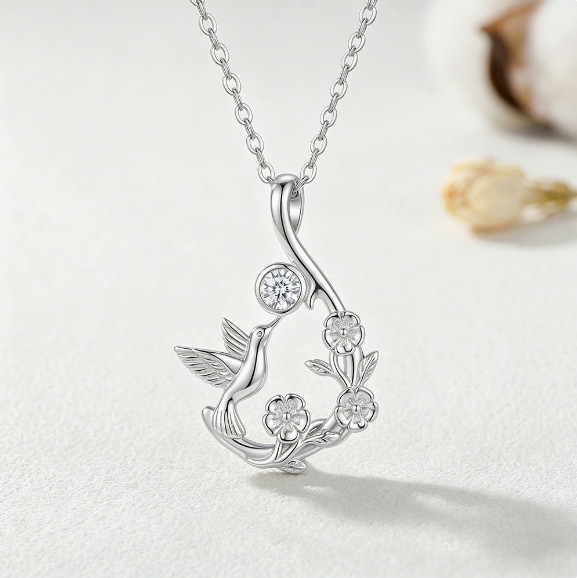 Hummingbird Floral Pendant Necklace Inlaid Zircon Silver Cable Chain for Women