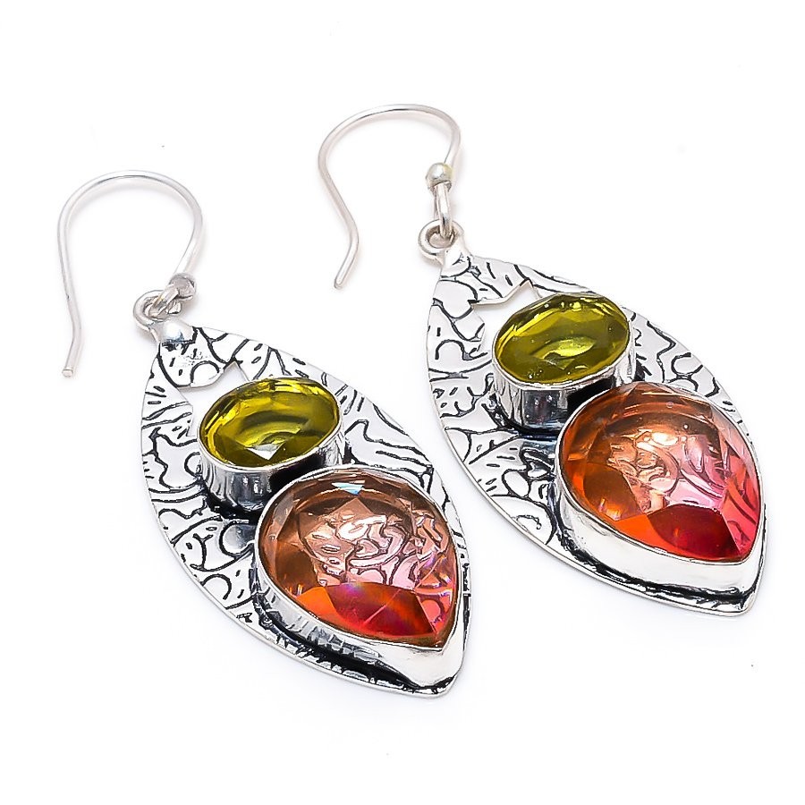 Pink Tourmaline & Peridot Earrings 925 Sterling Silver Handmade Leaf Dangle