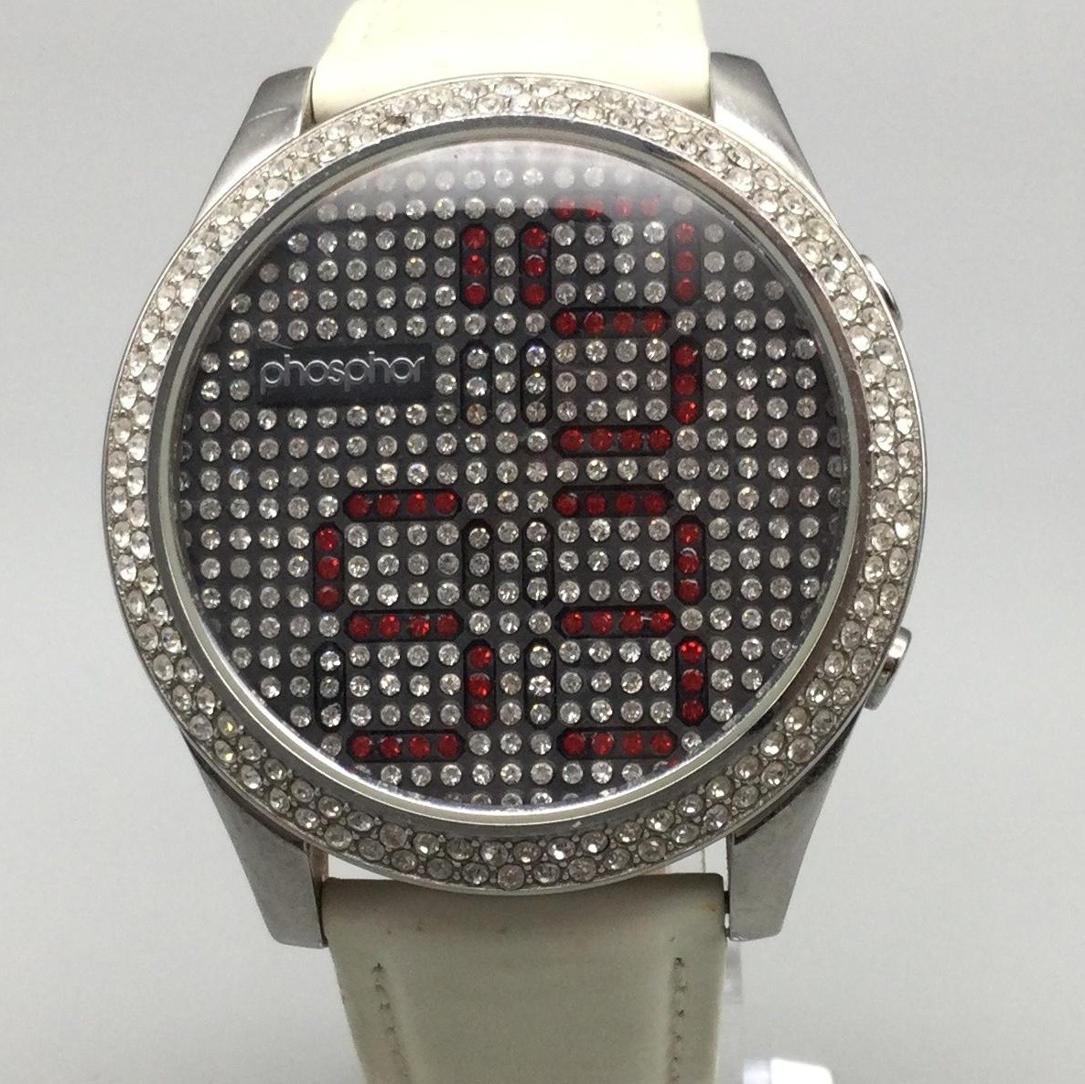 Phosphor Reveal Womens Watch 39mm Crystals LED Digital White Leather New Battery