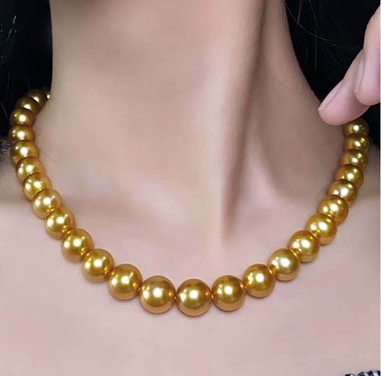 HUGE 18″11-12mm natural south sea genuine gold perfect round pearl necklace 14K