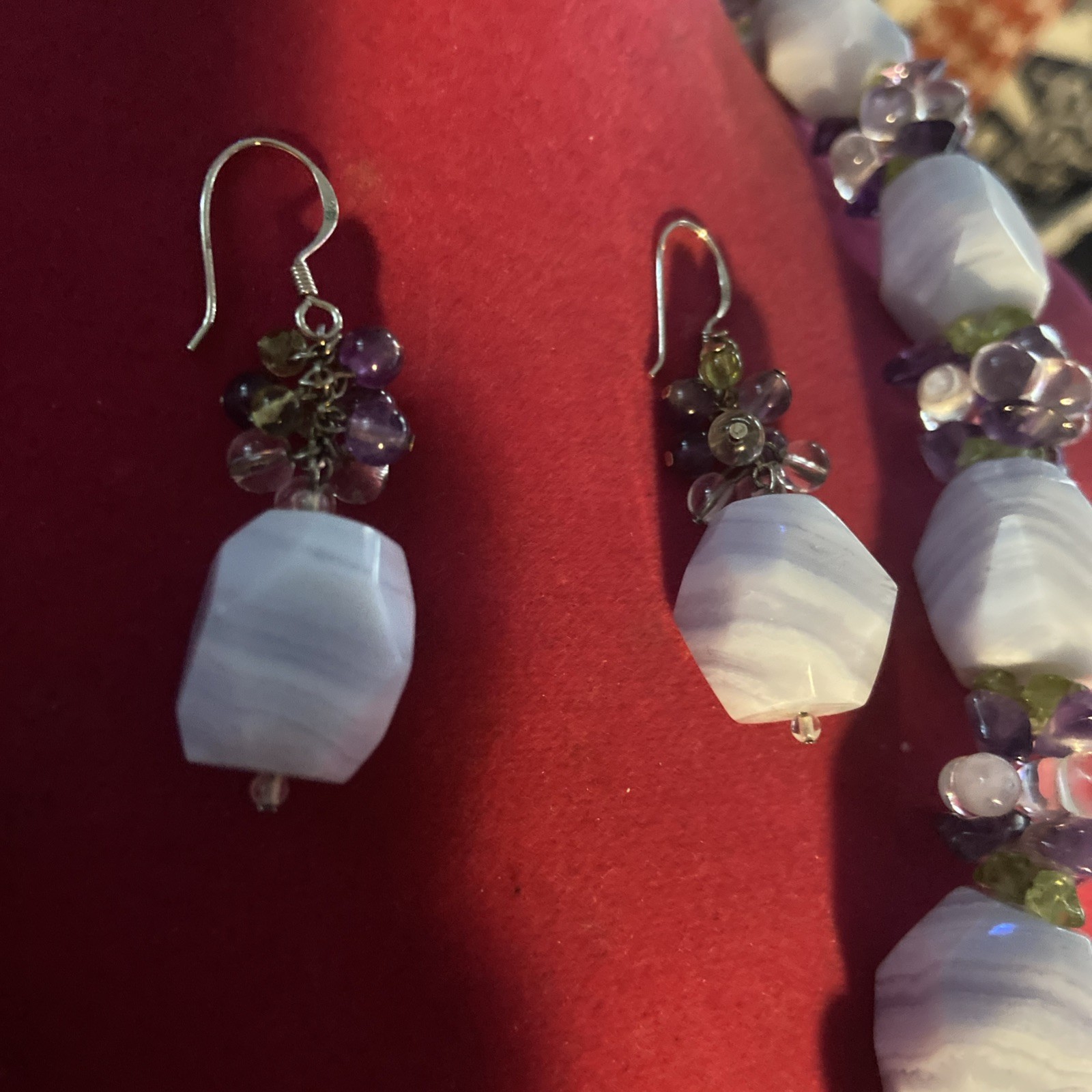 Ross Simons Blue Lace Agate Amethyst Peridot Beaded Necklace & Earrings Nwot 925