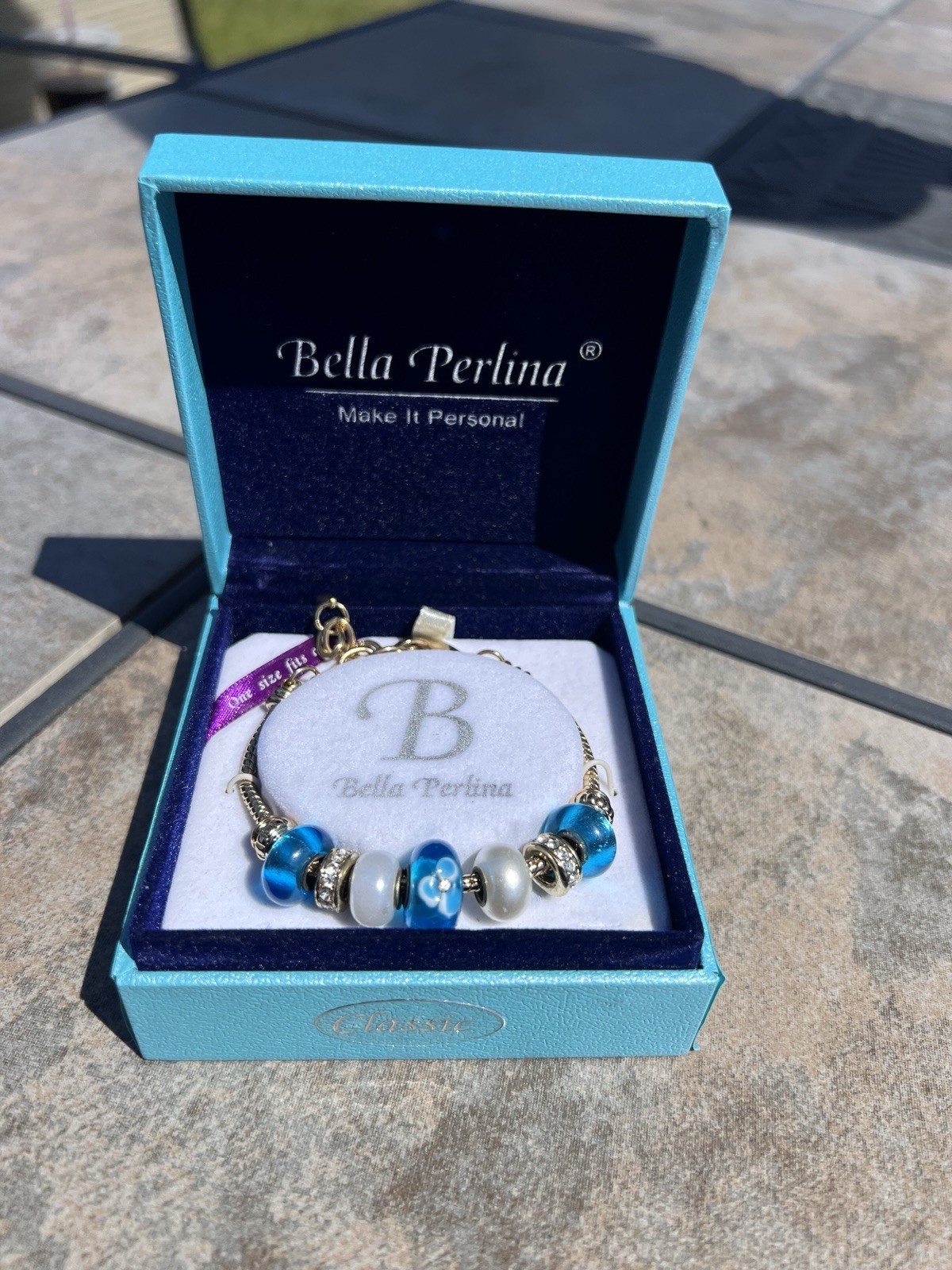 Bella Perlina Beaded Bracelet, Blue Murano, Pearl, And Gold Tone New In Box