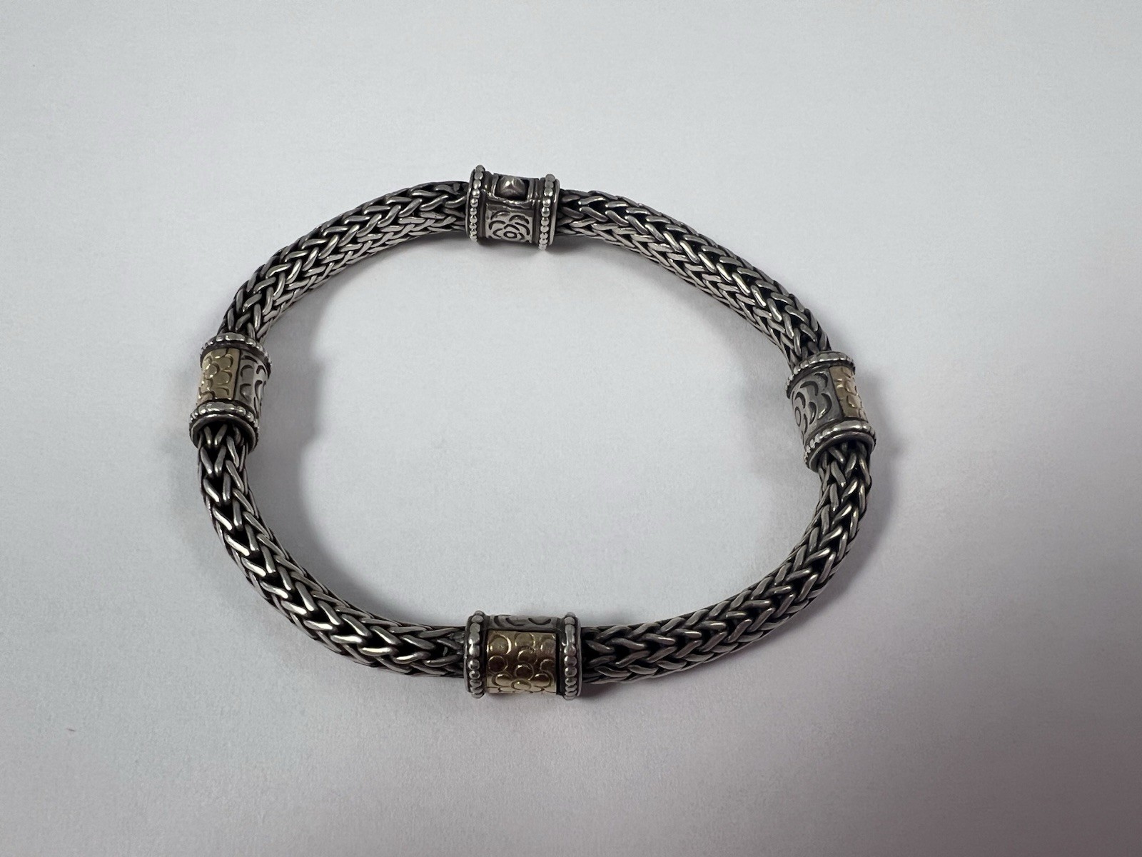 John Hardy 18k & 925 Sterling Four Pattern Station Classic Chain Bracelet 8” 6mm