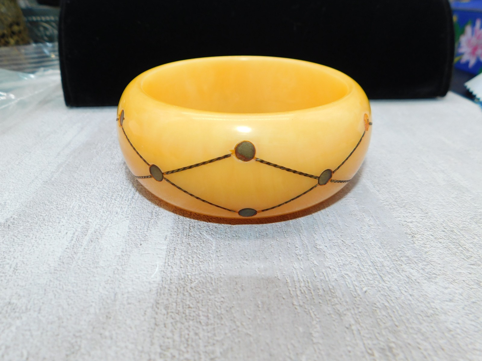1930’s Butterscotch Bakelite Bangle Brass Injection Dot Bracelet