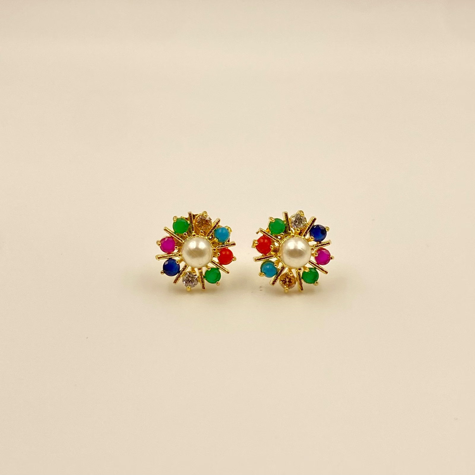 Handmade Turquoise, Coral & Pearl Gem Stud Earrings Set | Gold Plated Jewelry