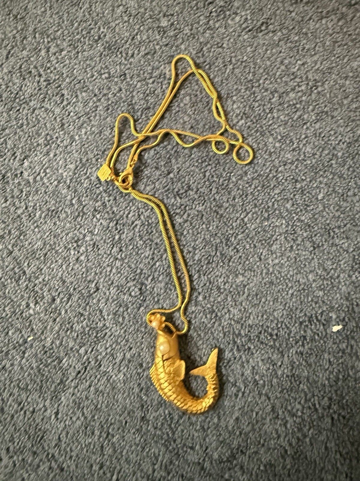 Vintage 1990s Anne Klein Necklace Matte Gold Tone Koi Fish With Pearl Eye & Mout