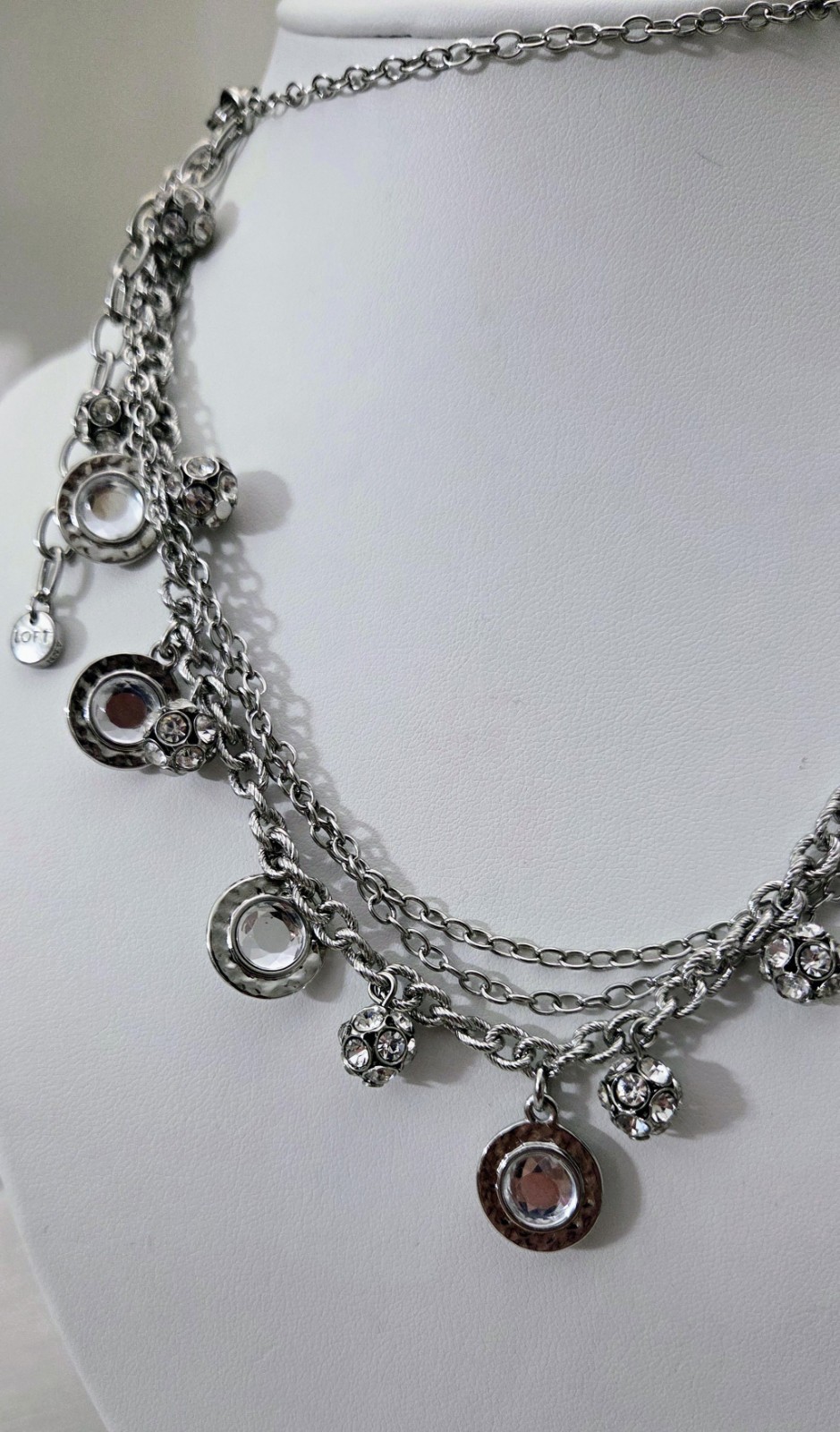 Ann Taylor Loft Multi-strand Necklace Bezel Crystals Silver Tone Disco Beads