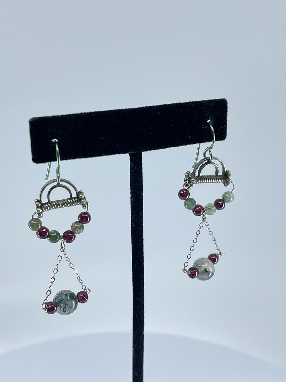 Sterling Silver Dangle pierced Earrings small lightweight round polished stones