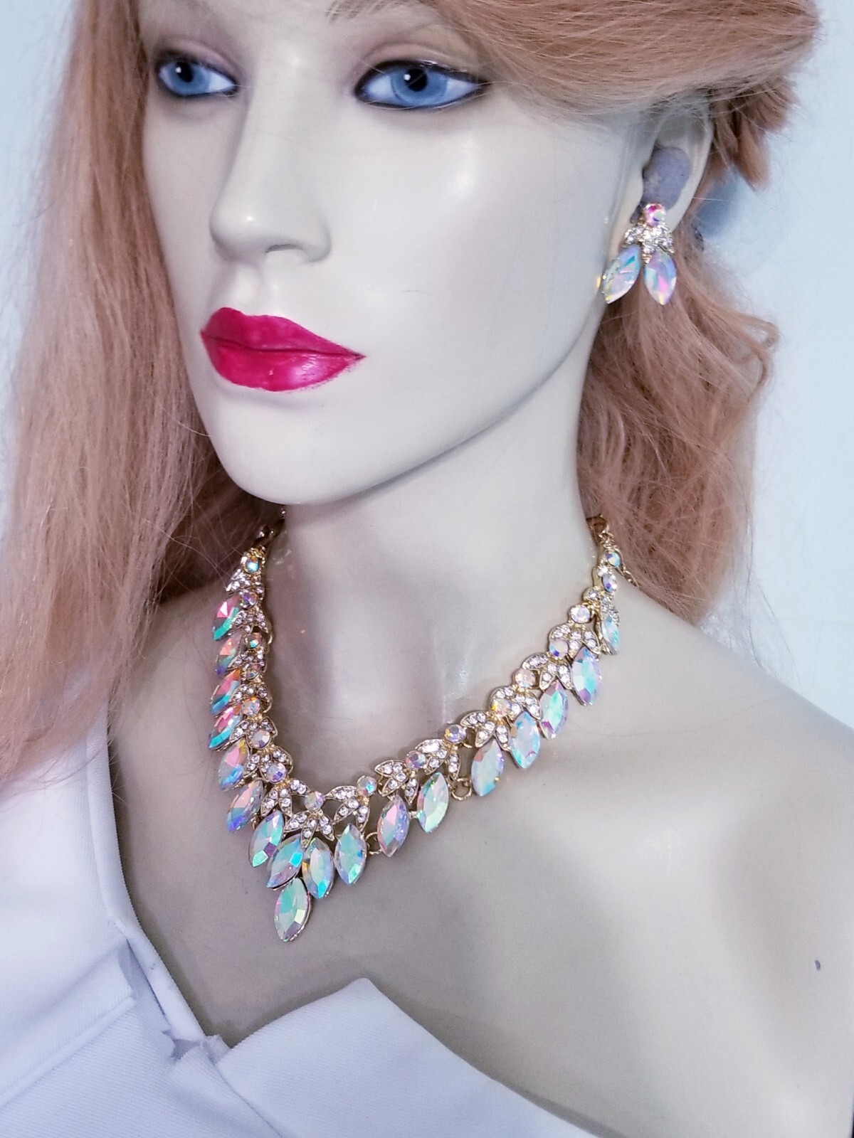 AB Iridescent Crystal Choker Rhinestone Necklace Earring Set Bridal Prom Pageant