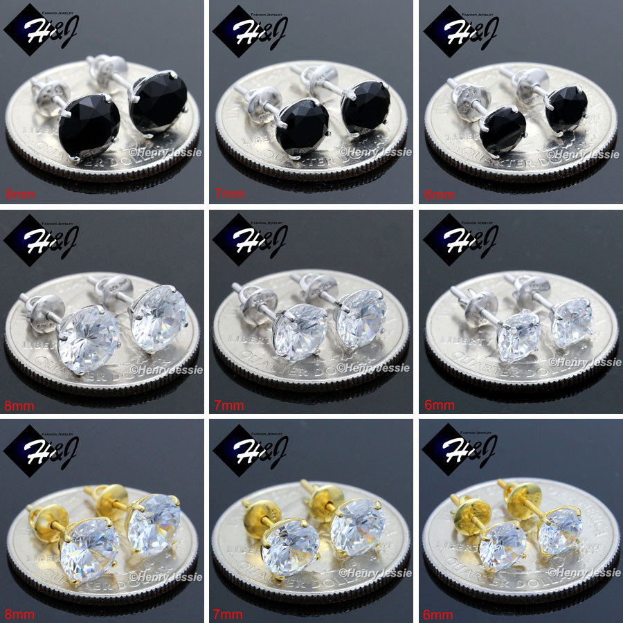 925 STERLING SILVER 4/5/6/7/8MM ICY ROUND CZ GOLD/BLACK PLATED SILVER EARRING*88