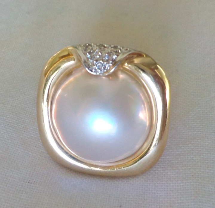 14K Yellow Gold Mabe Pearl Diamond Statement Ring – 6.40 gms, Sz 5.5, 12.8mm