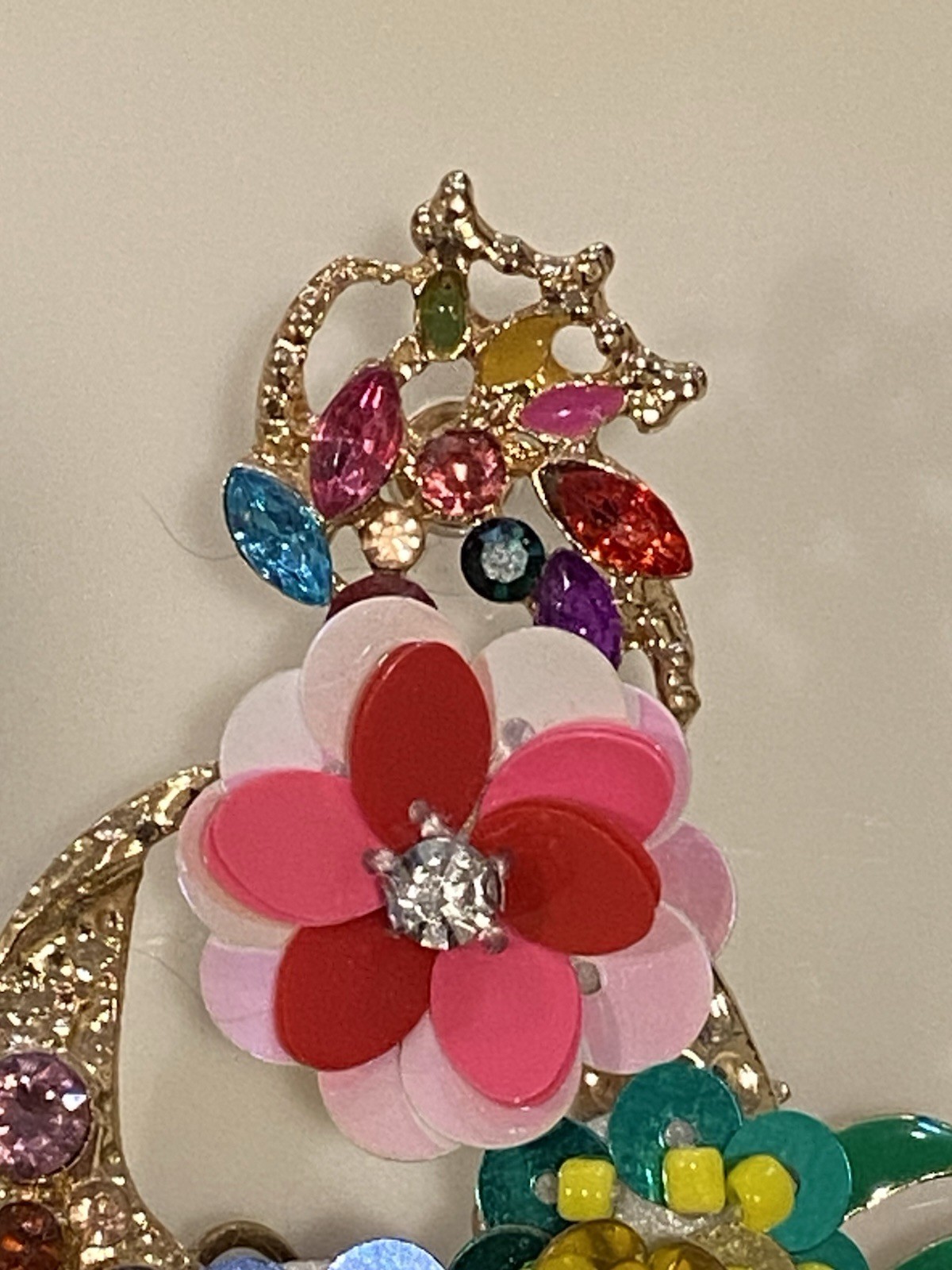 Vintage Flowers and Palm Leaf Drop Pierced Earrings 3.5 Inches Long Multi-color