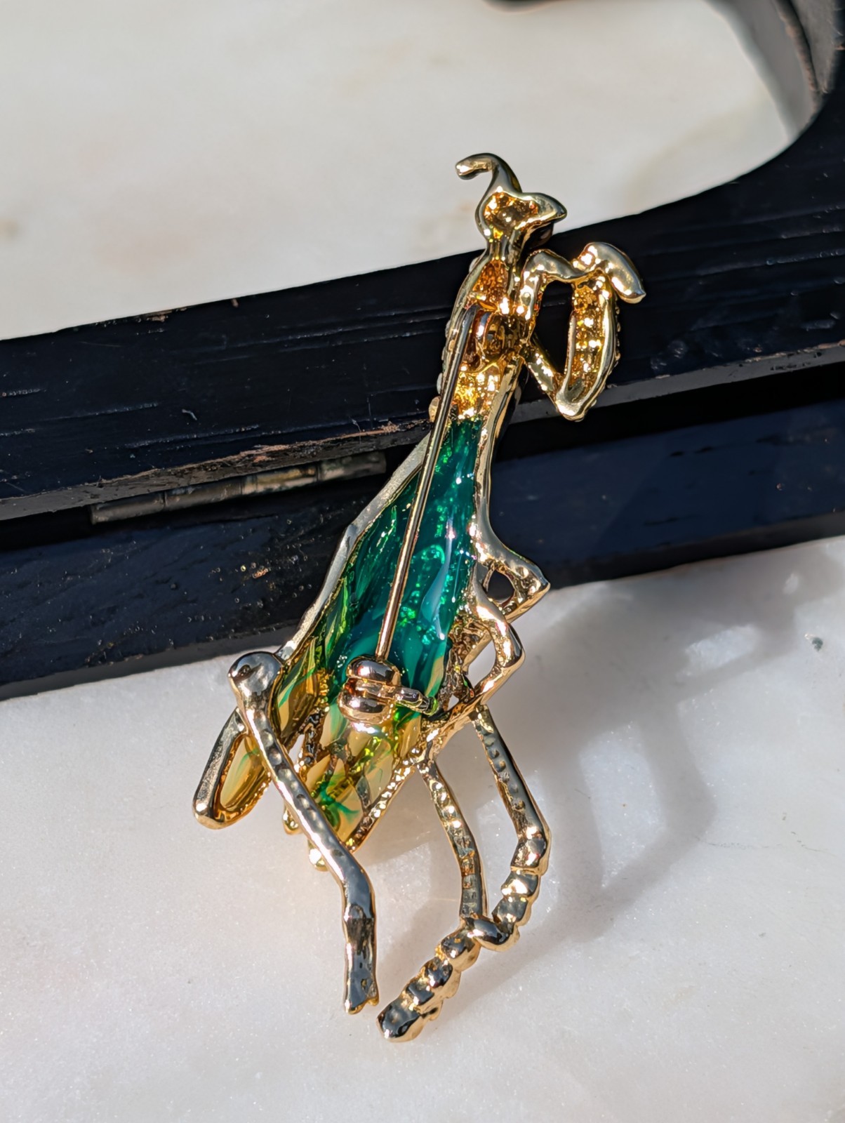 Vintage Style Enamel Praying Mantis Brooch Gold Tone Rhinestone Insect Pin
