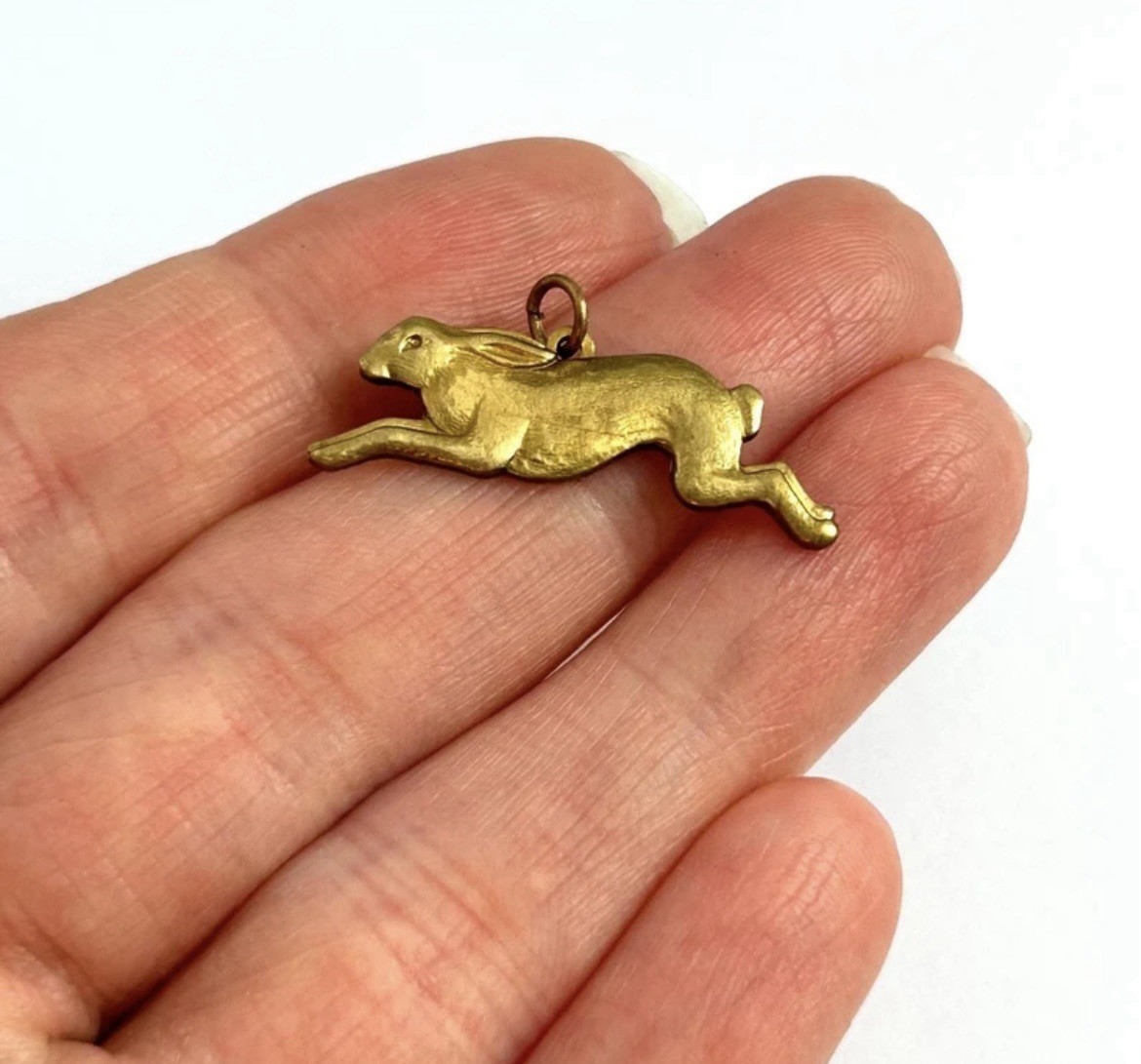 Vintage Rabbit Charm Necklace Pendant Running Rabbit Bunny Brass Jewelry