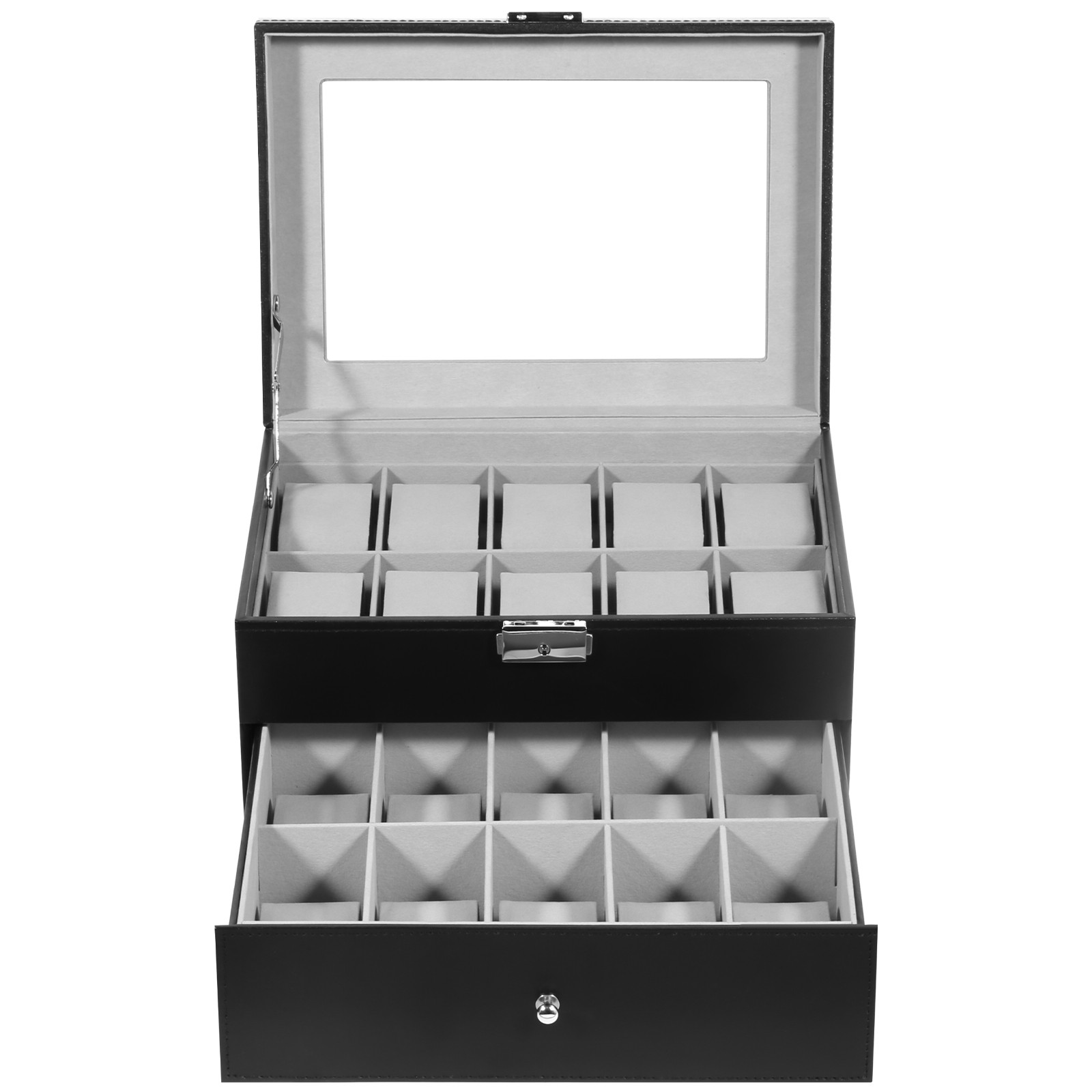 20 Slots Watch Box PU Leather Watch Case Lockable Jewelry Storage Display Case