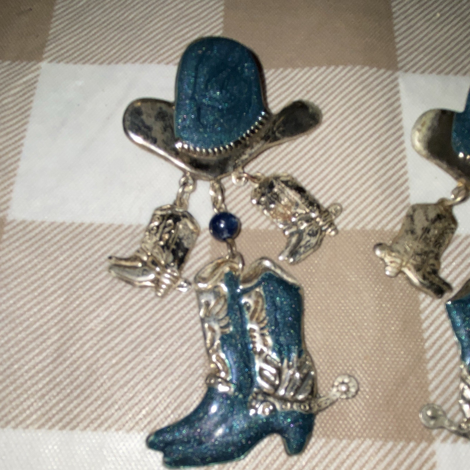 Western Cowboy Hat & Boots Dangle/Drop Post Earrings, Silver Tone & Blue