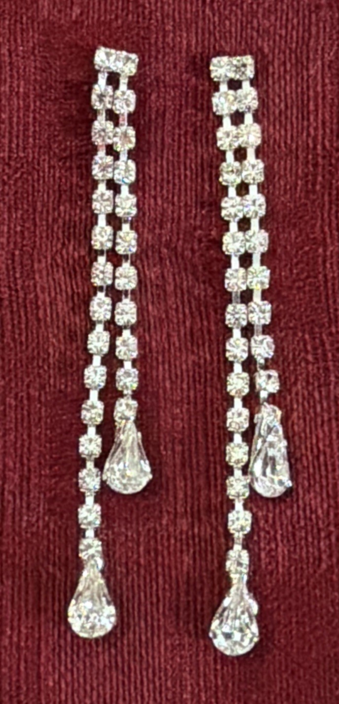 Crystal Dangle Earrings Silver Tone Tear Drop Ends 2.5 Inch