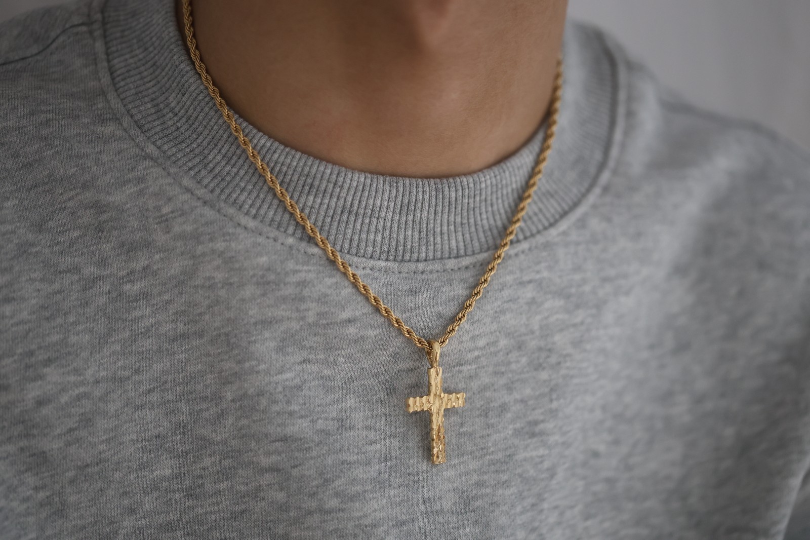 Gold Nugget Cross Necklace, 3mm Rope Chain, 14k Heavy Plated Gold