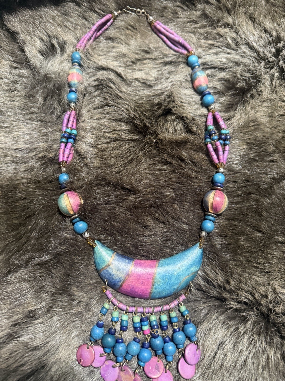 Multicolor Wood & Glass Beaded Bib Necklace Bohemian Crescent Pendant Hook