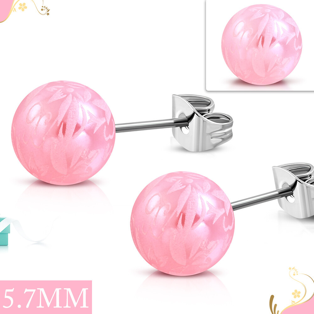 5.7mm Flower Paint Pink Acrylic Bead Ball w/ Stainless Steel Stud Earrings pair