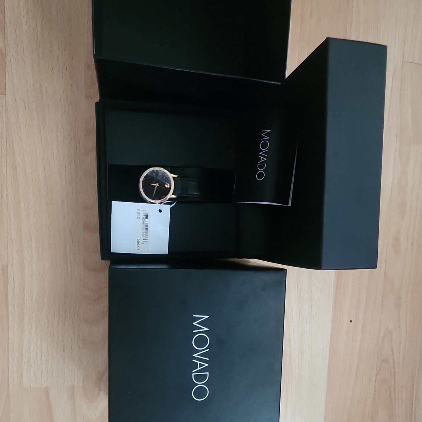 Movado Museum Women’s Quartz Black Dial Gold-Tone Case Black Leather Strap w/Box