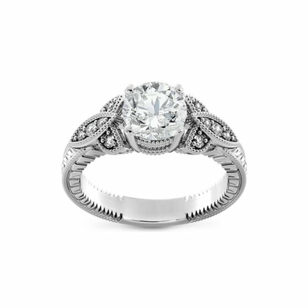 1.30Ct White Round Cut Stone Leaf Design Engagement Ring In 925 Sterling Silver