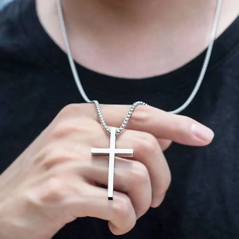 Cross Necklace for Men,Silver Stainless Steel Plain Cross Pendant Necklace