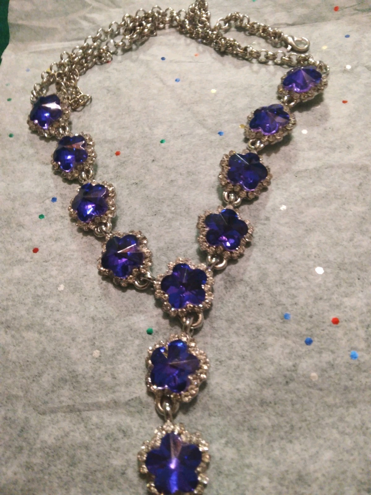 Contemporary Y Deep Blue Purple Rivoli Glass Pave’ Rhinestone Necklace Set