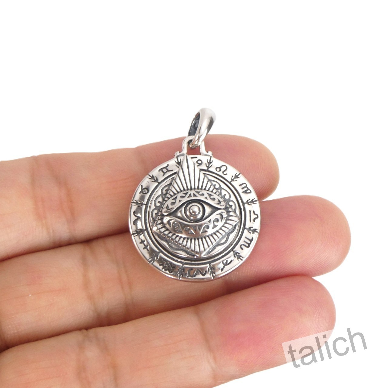 925 Sterling Silver Astrology Zodiac Disc Amulet Pendant All Seeing Eye Spinner