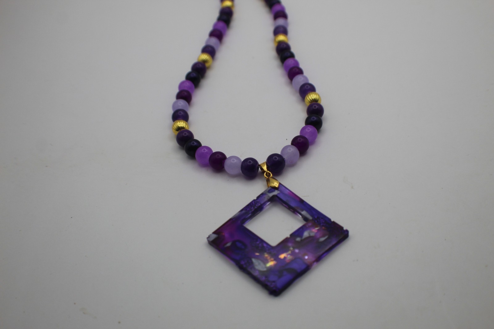 50 Shades Of Purple Resin Pendant On A Matching Beaded Chain