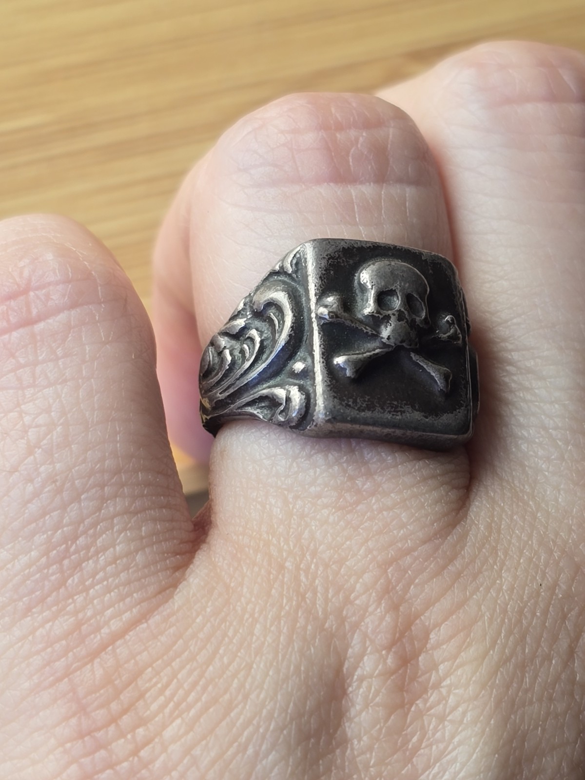 Antique Rare Memento Mori Silver Ring Skull & Bones