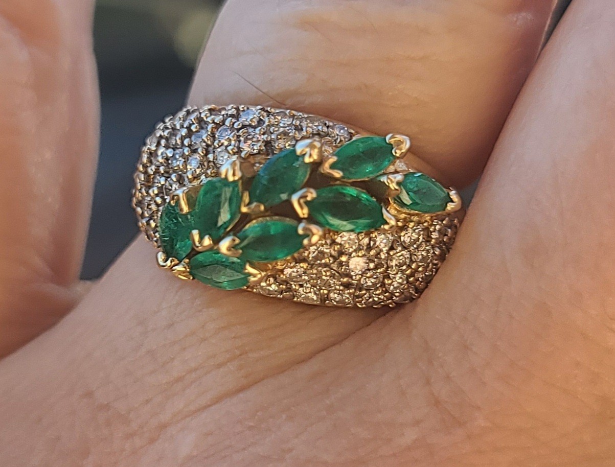 14K Gold Emerald & Diamond Ring BH Hallmark Effy Era Marquise Cluster