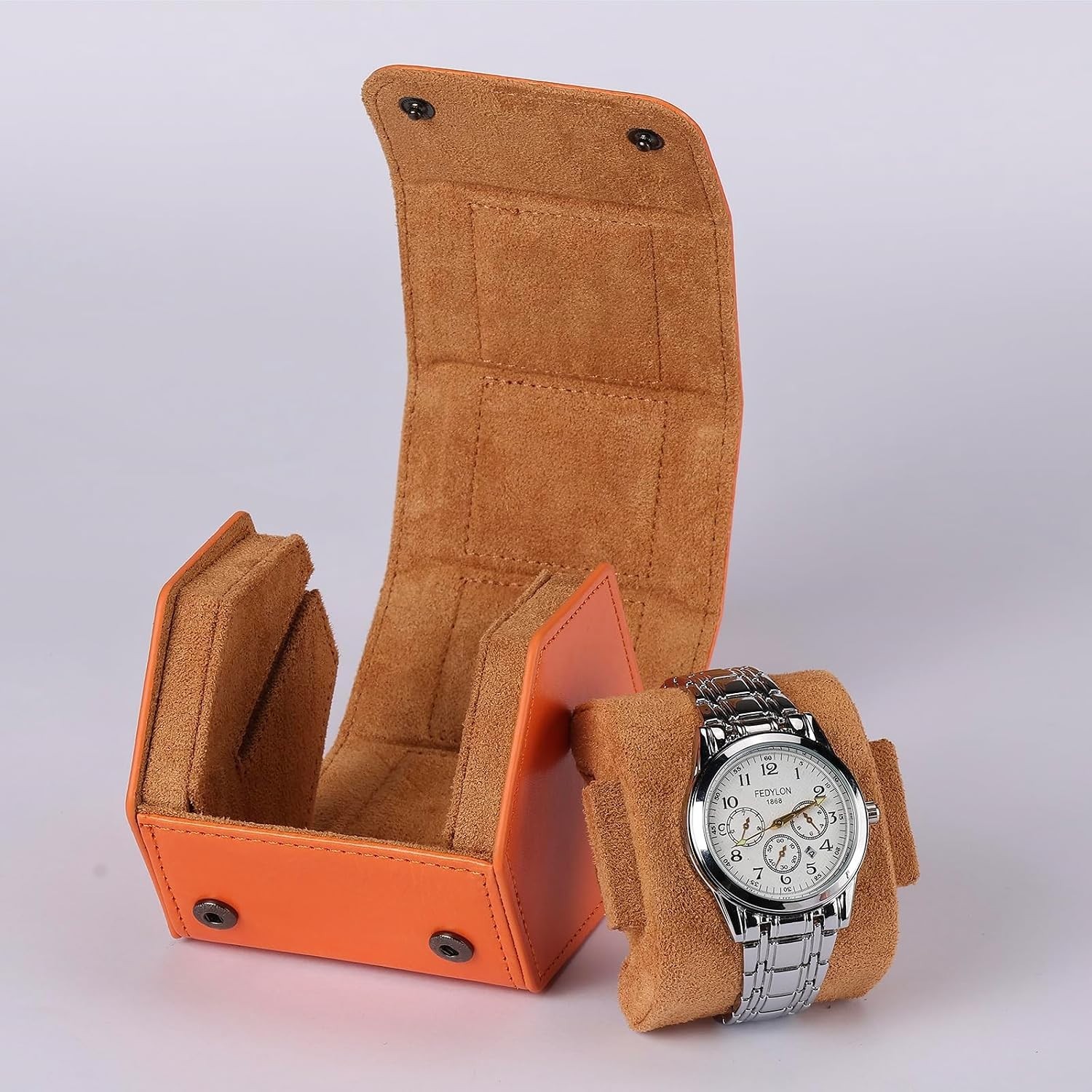 Orange Leather Watch Travel Case with Removable Cushions – Gift Ready