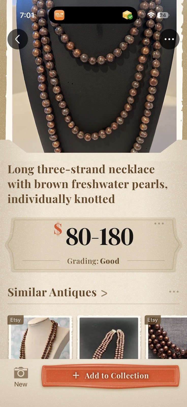 VTG 56” Brown Strand Freshwater Round Pearl Beaded Necklace, Indiv. Knotted