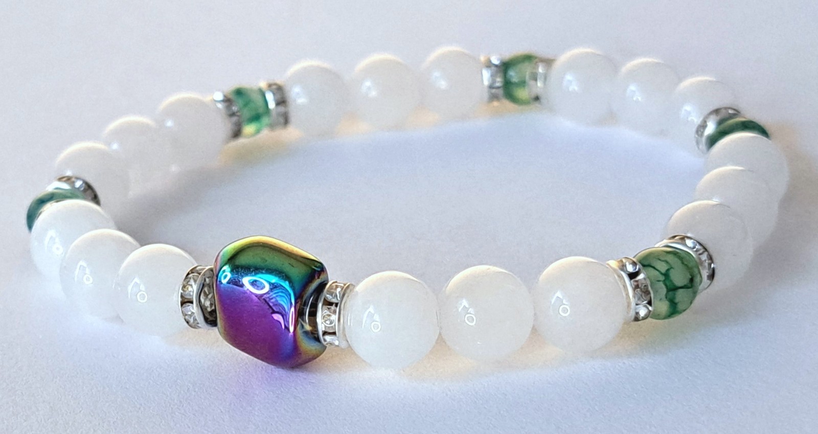 Handmade White Jade & Dragon Agate Bracelet, 18.25 cm / 7.2 in Stretch Fit