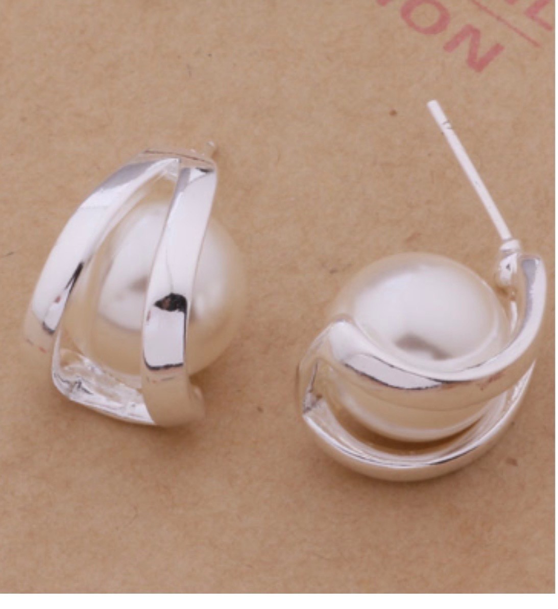 Elegant Silver Pearl Stud Earrings for Women | Modern Geometric Pearl Earrings |