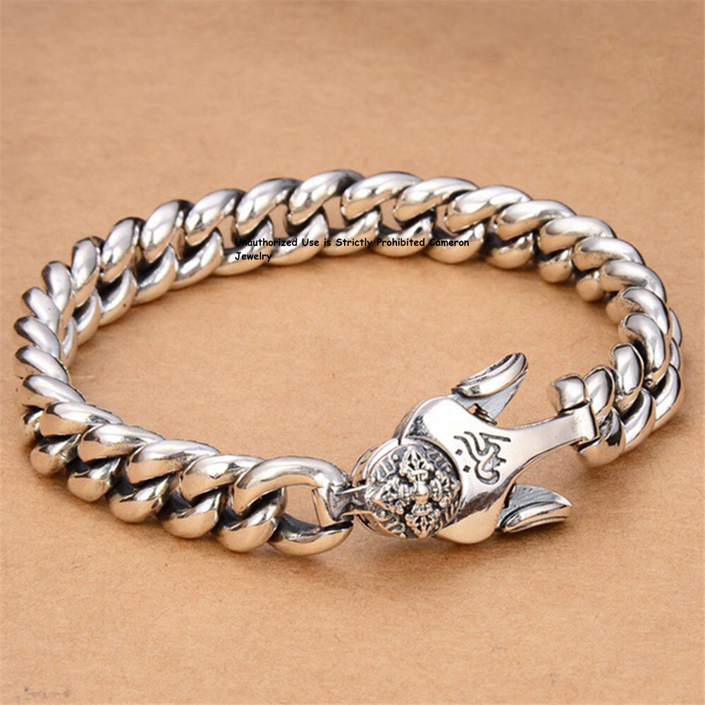 Pure S925 Sterling Silver Chain Men Vajra 9mm Curb Link Bracelet 8.26in 52-53g