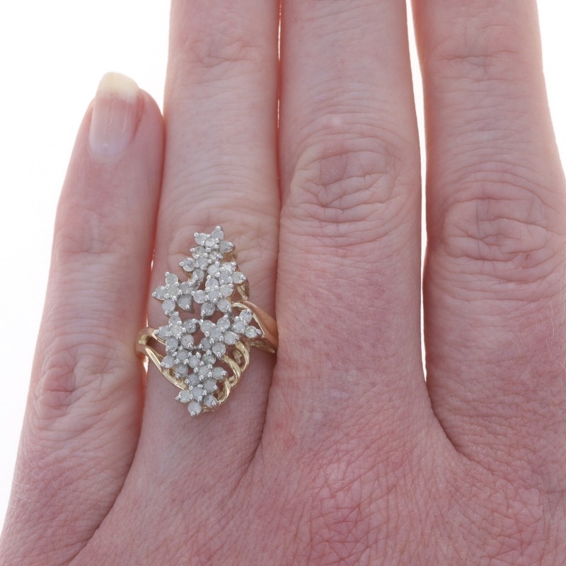 Yellow Gold Diamond Cluster Cocktail Bypass Ring – 10k Single 1.00ctw Floral