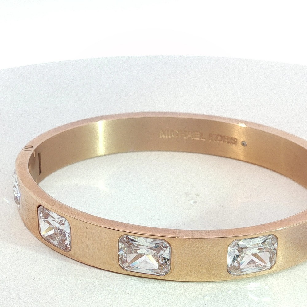 NWT Michael Kors Rose Gold Tone Crystal Bangle Bracelet Hinged MK Logo Gift