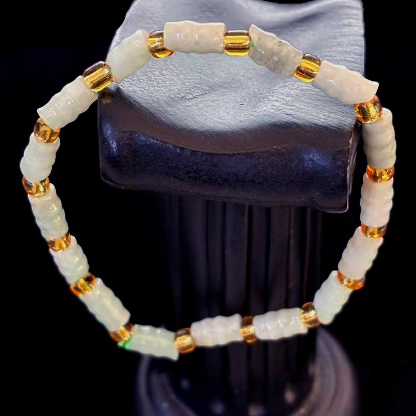 Natural White Jade Jadeite Beads Bracelet Elastic, Width 5 mm, Length 7.4 inch
