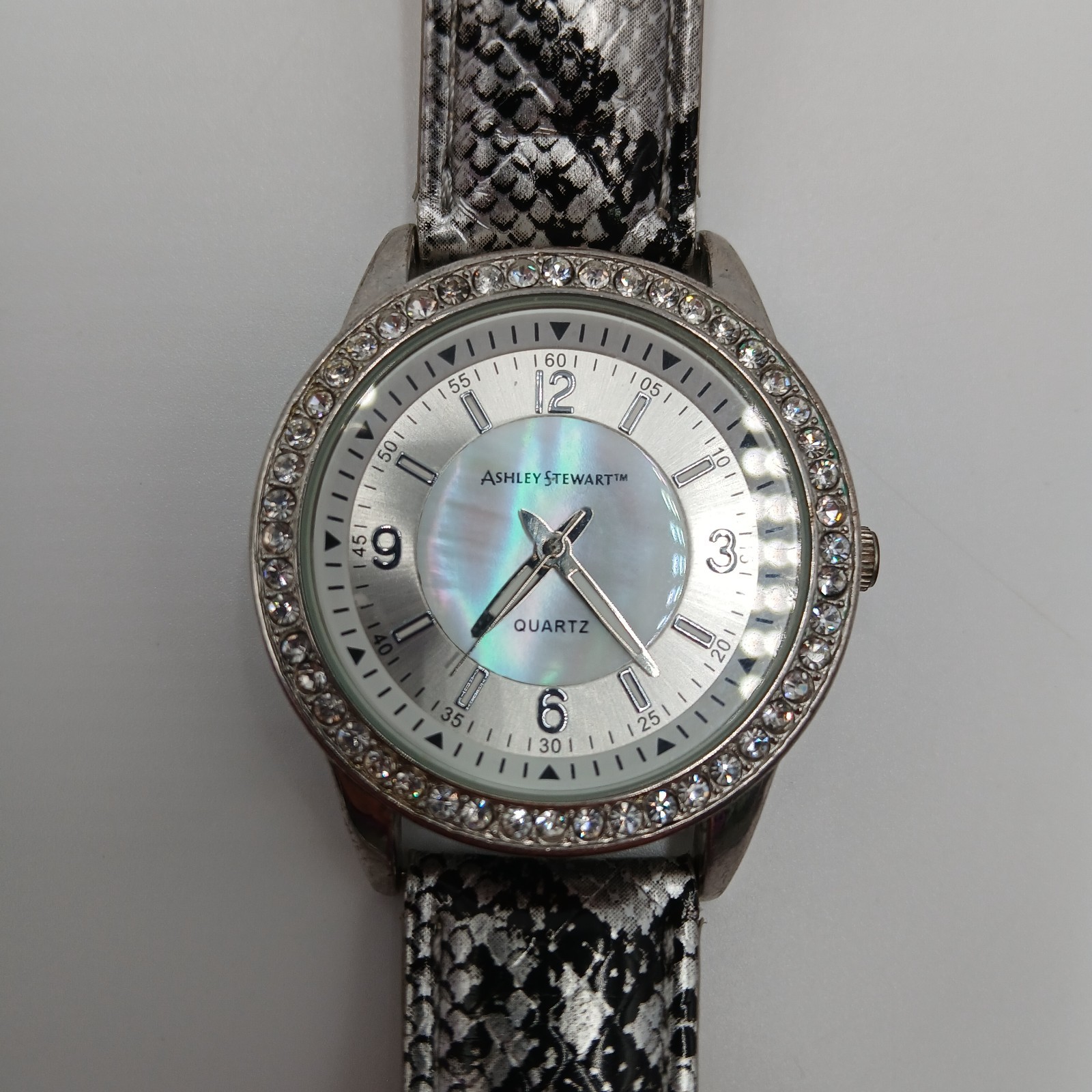 Ashley Stewart Watch Mother of Pearl Silver Tone Crystal Bezel Seconds Hand