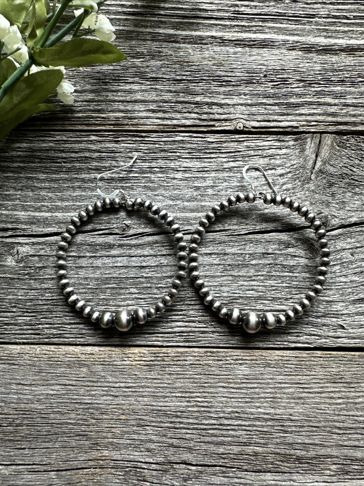 Sterling Silver Oxidized Pearls Bead Hoop Earrings. 2.6 Inch