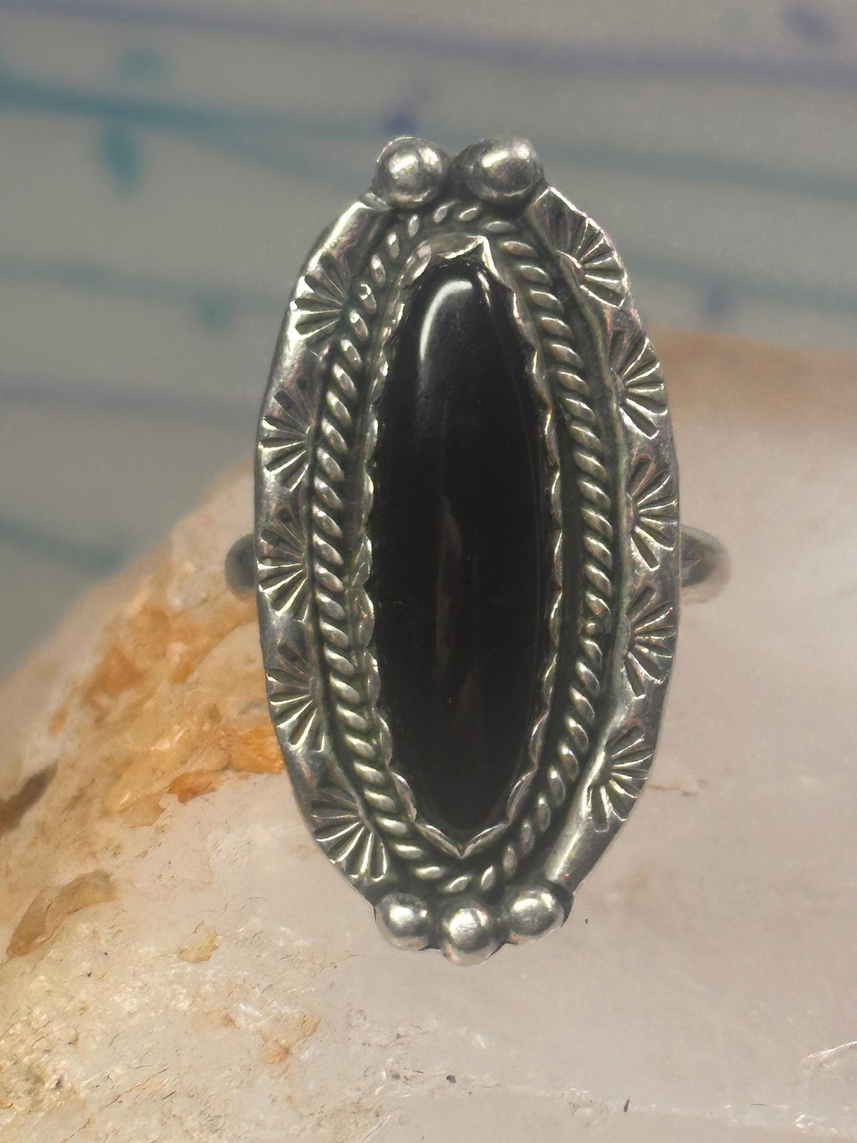 Navajo Ring Long Onyx size 6.5 sterling silver women girls signed LY