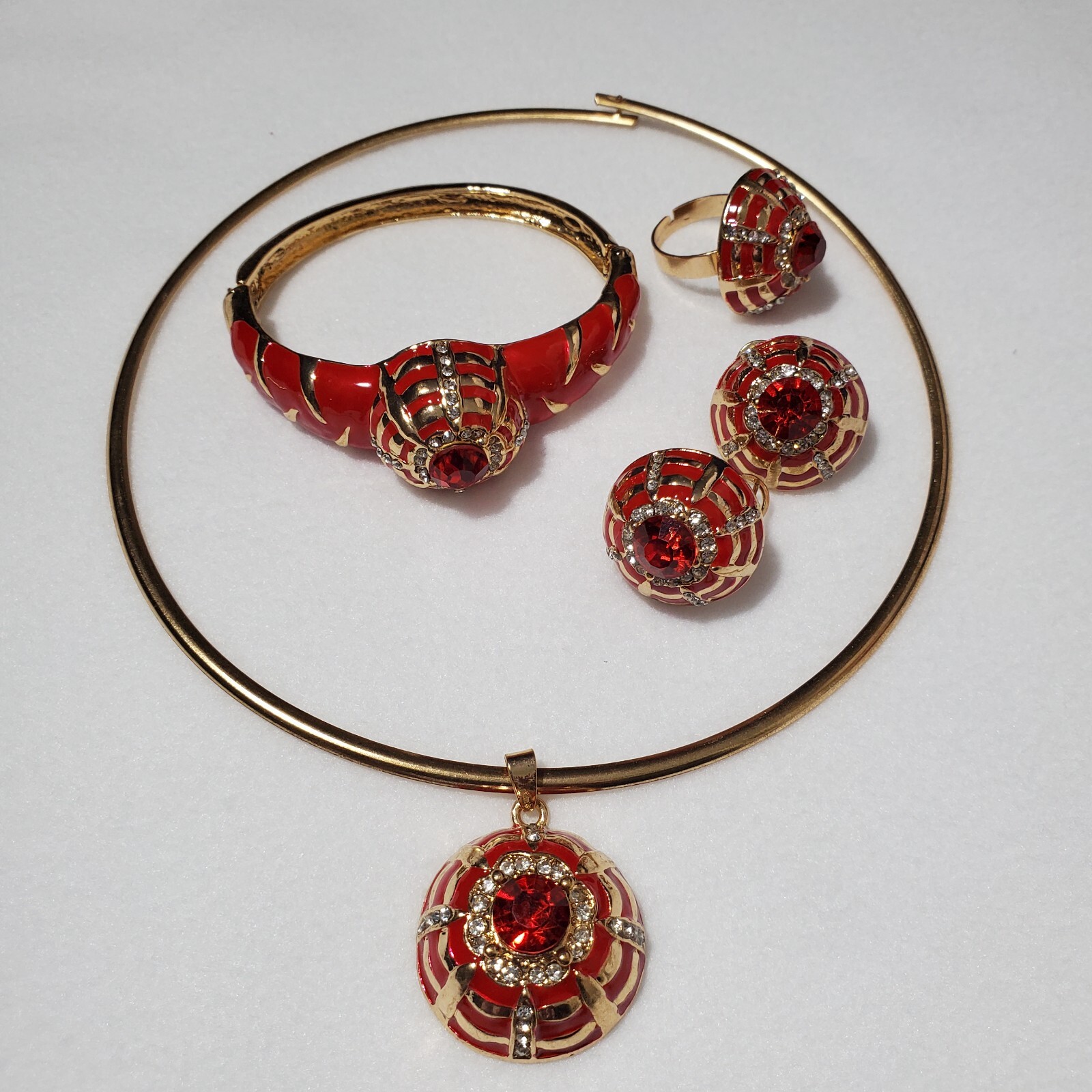 Red & Gold 4 Piece Choker Jewelry Set W/Yag Diamonds Glossy Elegant