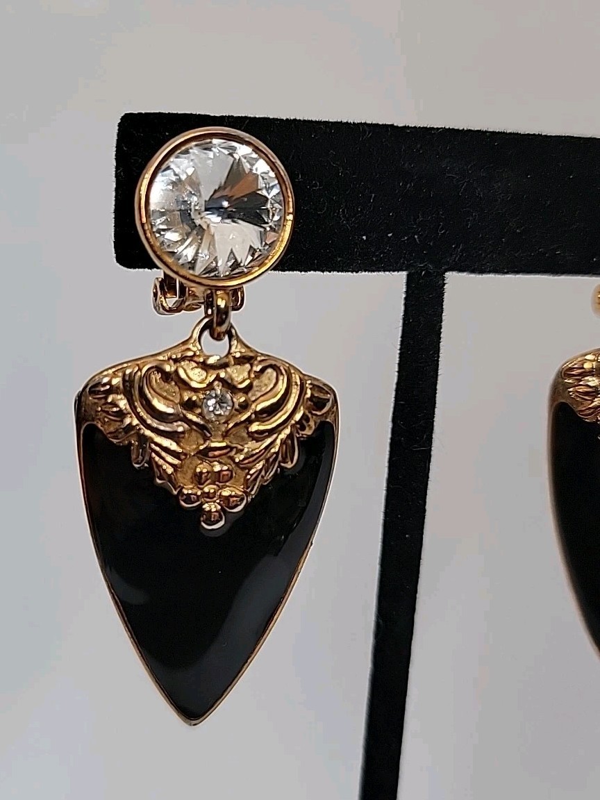 Bijoux Designs NY Signed Black Enamel Rivoli Rhinestones Dangle Clip-on Earrings