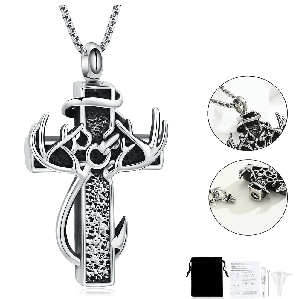 Fish Hook Deer Cross Urn Pendant Cremation Jewelry for Ashes Memory Necklace